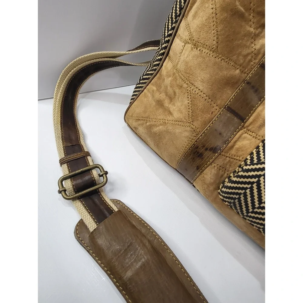 Vaan & Co Upcycled Leather Suede Duffle Bag Brown Chevron Weekender Travel Bag